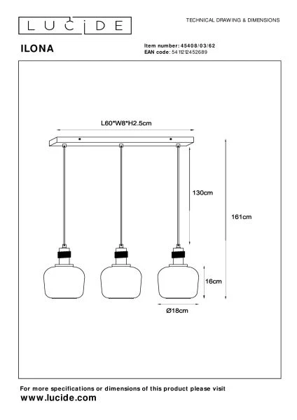 Lucide ILONA - Pendelleuchten - 3xE27 - Amber - technisch